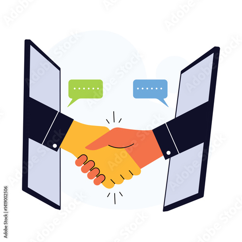 Virtual Agreement and Online Partnership concept illustration. Two hands shaking through screens, symbolizing a digital agreement or virtual partnership