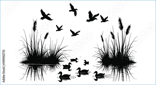 Duck Silhouettes In Marshland Setting Black And White Wildlife Vector