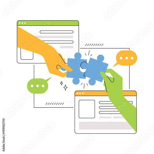Digital collaboration to improve efficiency and productivity concept illustration. Two hands connecting puzzle pieces within a digital interface