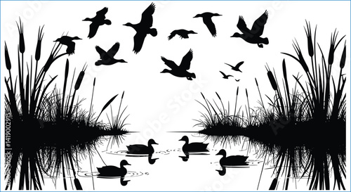 Ducks Flying Over Lake Silhouette Vector Illustration Wildlife Nature Scene