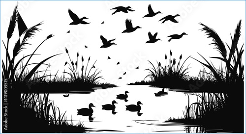 Silhouette Ducks In Flight And Pond Scene With Reeds Graphic