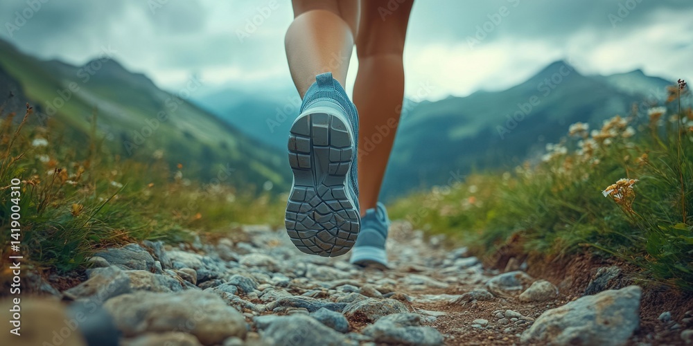 Close-up of a woman's legs in running shoes walking on a mountain trail, with a panoramic view of mountains and a natural background.