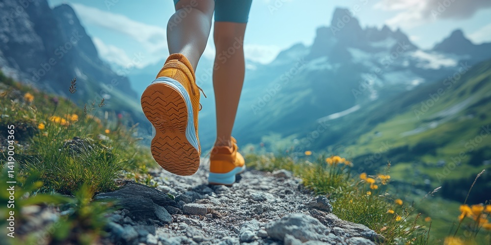 Close-up of a woman's legs in running shoes walking on a mountain trail, with a panoramic view of mountains and a natural background.
