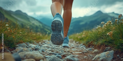 Obraz na płótnie Close-up of a woman's legs in running shoes walking on a mountain trail, with a panoramic view of mountains and a natural background. w salonie