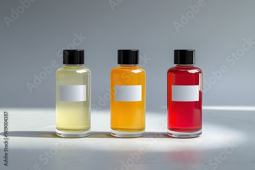 High-resolution product shot of three colorful glass juice bottles with blank white labels, arranged symmetrically on a clean light gray surface.