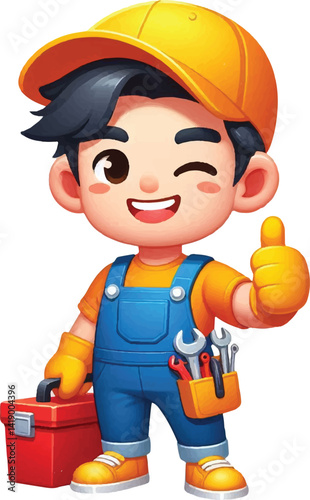 A cartoon handyman character with a cheerful expressiont