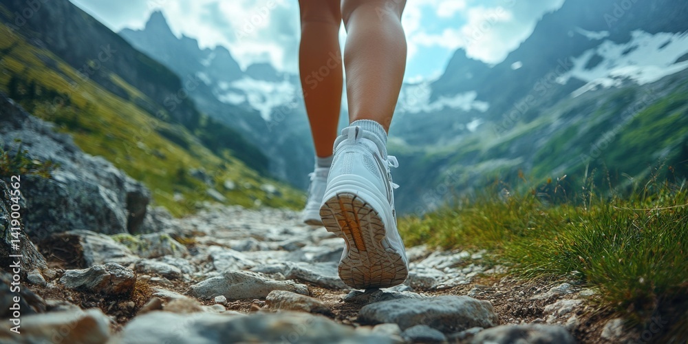 Close-up of a woman's legs in running shoes walking on a mountain trail, with a panoramic view of mountains and a natural background.