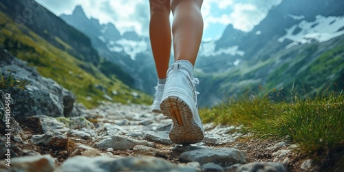 Close-up of a woman's legs in running shoes walking on a mountain trail, with a panoramic view of mountains and a natural background. 