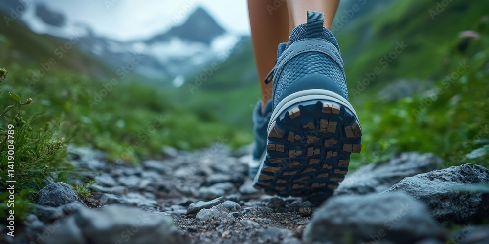 Close-up of a woman's legs in running shoes walking on a mountain trail, with a panoramic view of mountains and a natural background.