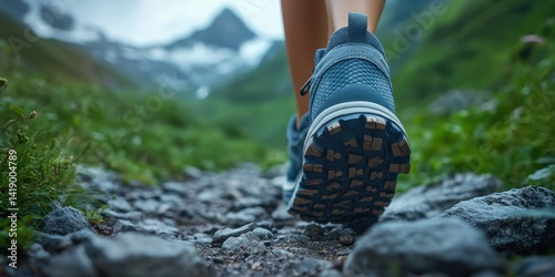 Obraz na płótnie Close-up of a woman's legs in running shoes walking on a mountain trail, with a panoramic view of mountains and a natural background. w salonie