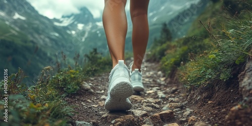 Obraz na płótnie Close-up of a woman's legs in running shoes walking on a mountain trail, with a panoramic view of mountains and a natural background. w salonie