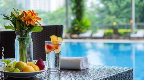 Poolside cozy chair refreshing drink Refreshing drinks and flowers by a poolside setting.