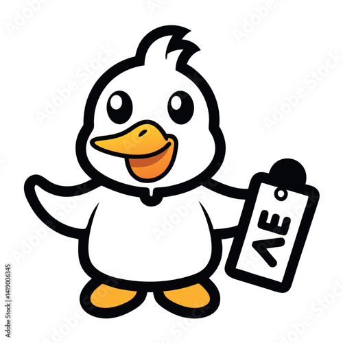 Happy duck mascot announces a sale.