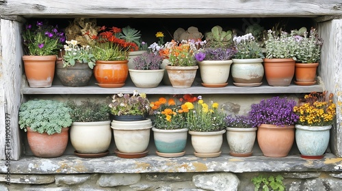 Wallpaper Mural Charming display of potted flowers adorning rustic wooden shelving unit outdoors Torontodigital.ca