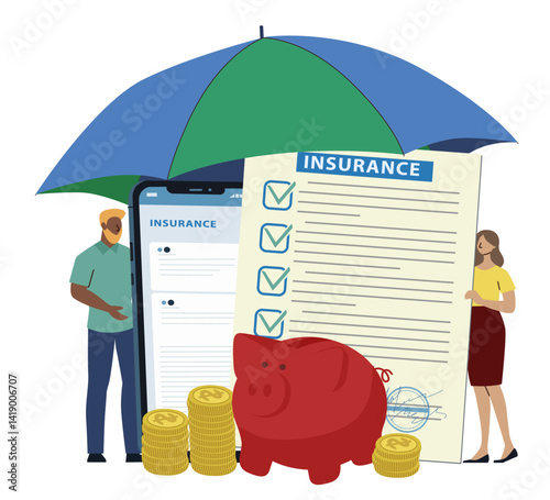 Vector illustration depicting two people holding a large insurance policy and a mobile application under an umbrella symbolizing protection and safety