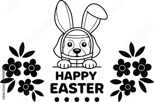 Happy Easter Outlined with BunnyEared Dog and Flower Arrangements Decor