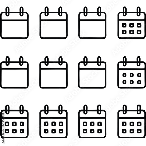 Twelve Calendar Icons Blank and Grid Variations for Scheduling