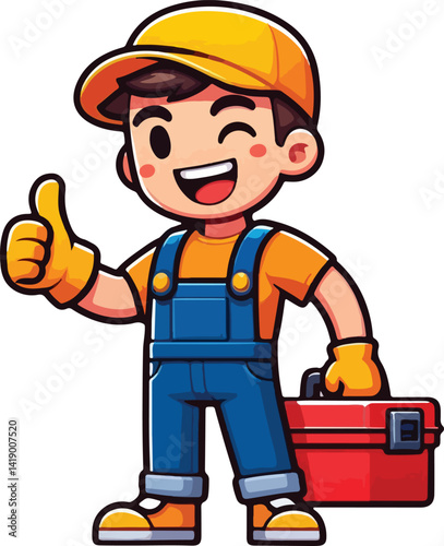 A cartoon handyman character with a cheerful expressiont