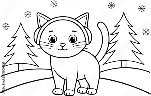 Cartoon Cat Wearing Ear Muffs Standing Near Christmas Trees and Snowflakes Outline