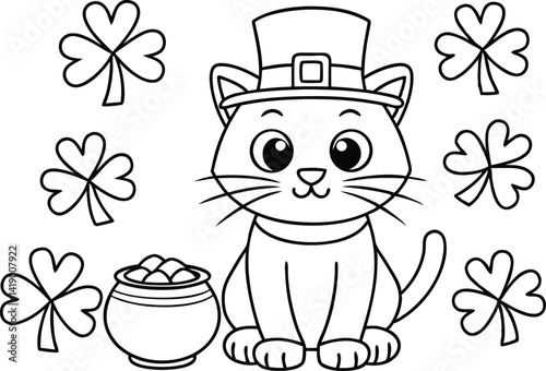Cartoon Cat with Hat, Pot of Gold, Shamrocks Outline on Transparent Background