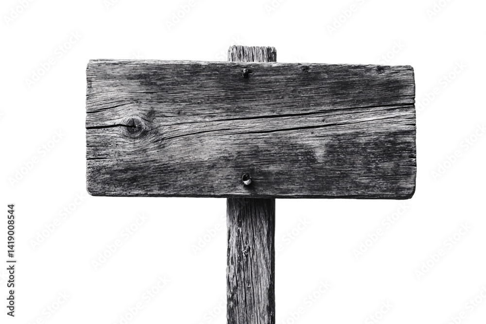 Fototapeta premium A grayscale image of a weathered, empty wooden sign on a post.
