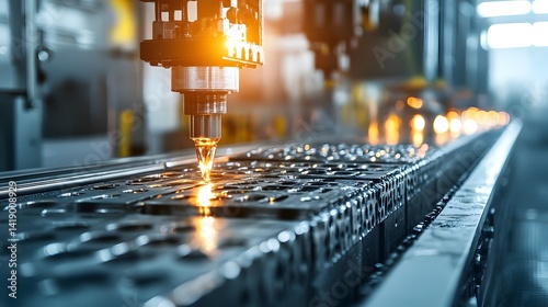 Molten metal being rapidly injected into a precision die casting mold for a high speed automated industrial manufacturing process  Efficient advanced metalworking technology in action