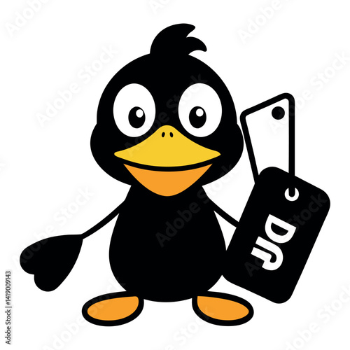 Happy duck mascot announces a sale.