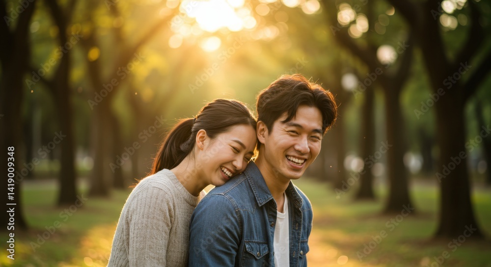 Fototapeta premium Happy Young Couple Embracing in Sunny Park