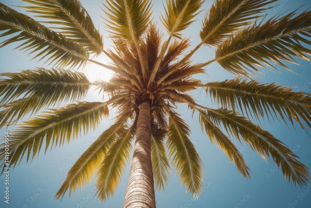 Fototapeta premium coconut palm tree shot from below, over blue summer or spring sky