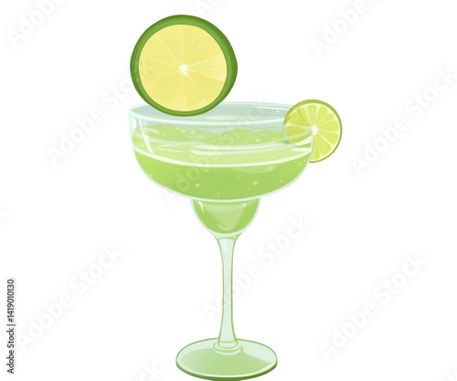 Vibrant Margarita Illustration, A Refreshing Summer Cocktail with Lime Slices and a Playful Design, Perfect for Festive Occasions and Beverage Enthusiasts