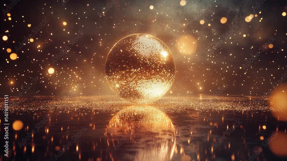 Fototapeta premium Golden Disco Ball Reflection: A Night of Sparkling Celebration
