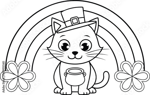 Outline Cat with Hat, Pot of Gold, Rainbow and Shamrocks, Cartoon, Saint Patricks Day
