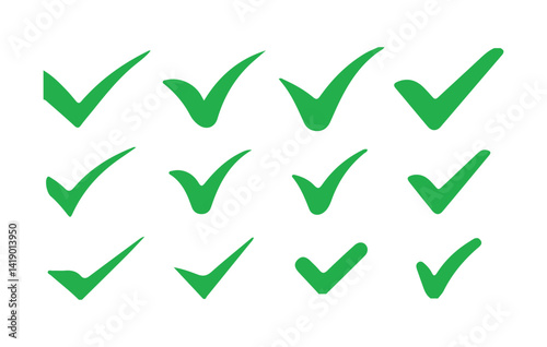 Green check mark icon set, approval check icon, Check box icon with correct, accept checkmark icons tick box checked. Vector Illustration