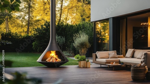 Stylish outdoor patio with modern fireplace and comfortable seating