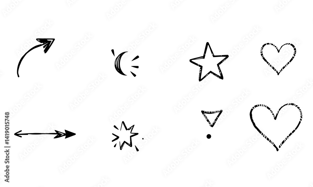 Naklejka premium collection of hand drawn doodles featuring arrows, stars, hearts, and other decorative elements, perfect for adding playful touch to designs