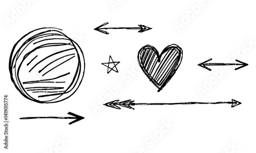 hand drawn illustration featuring circle, star, and heart, with arrows pointing in various directions, conveying sense of movement and connection