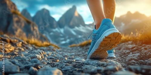 Close-up of feet in running shoes on a mountain trail. Runner on a blurred background of rocky terrain and distant mountains under bright sunlight.