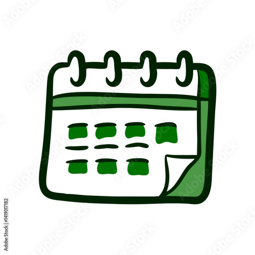 Illustration of a green calendar with a minimalist design showcasing numbered days, representing organization and planning