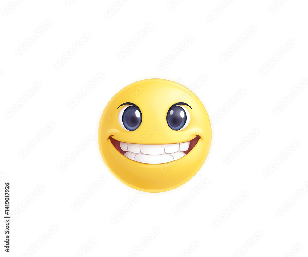 Fototapeta premium Vibrant Yellow Smiley Face Illustration with Expressive Eyes and Teeth, Perfect for Digital Communication and Emotional Expression, Graphic Design Elements