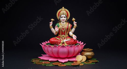 Akshaya tritiya festival  Pot and Gold Coins for Dhanteras Celebration in Decorated Backgr Hindu goddess, Lakshmi, seated on pink lotus flower, golden ornate crown, multiple arms holding lotus flowers