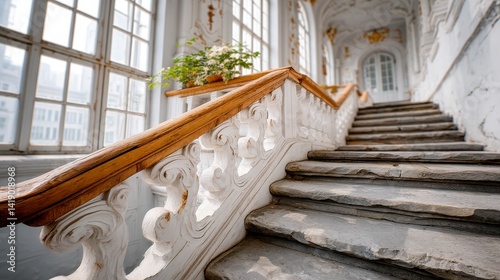 Grandiose Palace Staircase  Opulent Stone Steps  Intricate Railing  Vintage Architecture photo