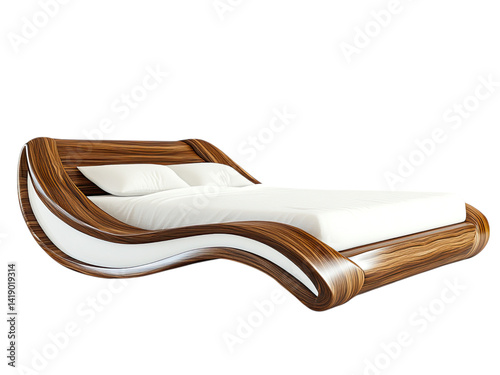 Modern Wave Design Wooden Bed Frame with White Mattress and Pillows Luxury Bedroom Furniture photo