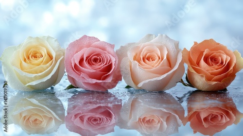 Four pastel roses reflected, studio shot, bokeh background, romantic design