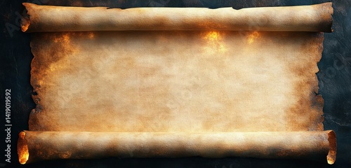 Aged vintage parchment scroll with burnt edges in horizontal position old paper manuscript ancient historic document medieval style