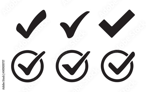 Black Check mark icon vector set. Check box icon with right or yes checkmark icons. Tick box, checkbox symbol