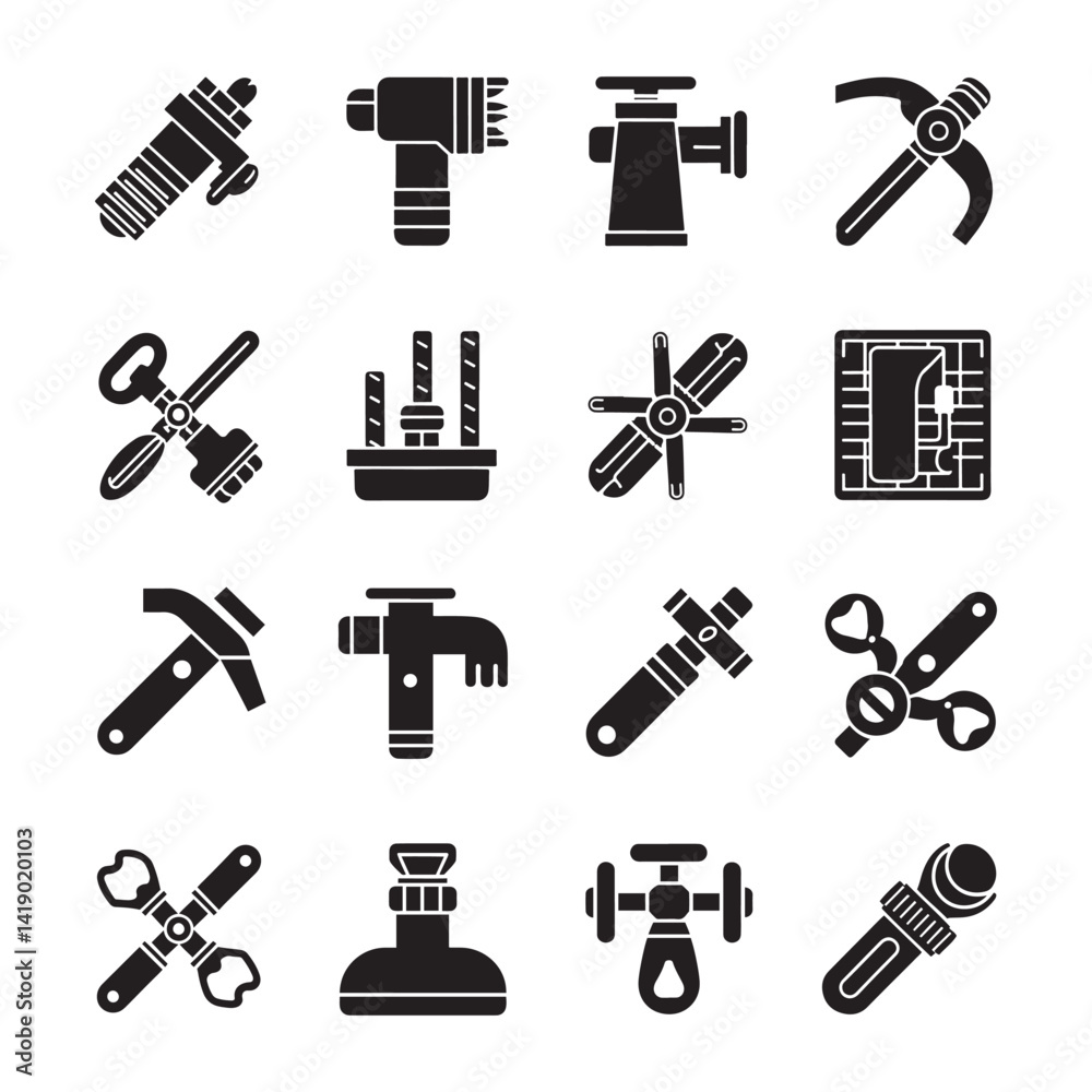 Vector silhouette icon set of plumbing tools, minimalist design Vector silhouette icon set of plumbing tools, minimalist design