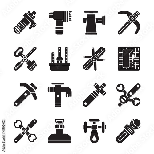 Vector silhouette icon set of plumbing tools, minimalist design