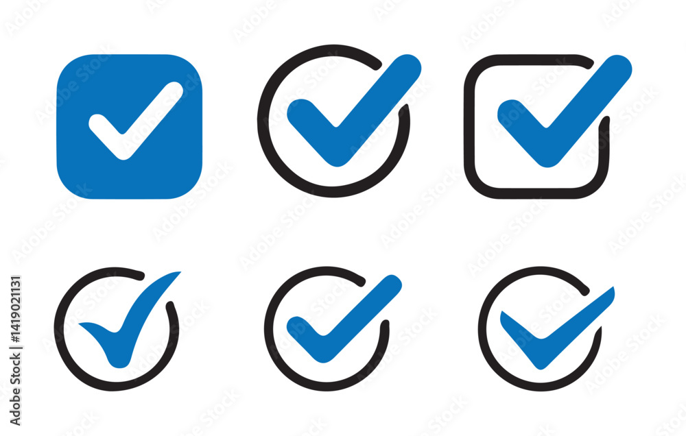 Checkmark icon. Blue checkmark vector set. Check box icon with correct, accept checkmark icons tick box checked. 