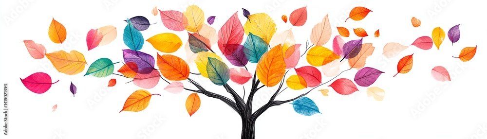 Obraz premium Handdrawn Thanksgiving tree with vibrant paper leaves, family writing their gratitude on each leaf, joyful, heartfelt expressions, isolated on a white background