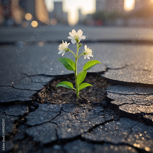 Fototapeta Naklejka Na Ścianę i Meble -  delicate white flowers blooming from small plants growing in urban street road cracks creating a picturesque contrast to city streets premium stock photo inspiration